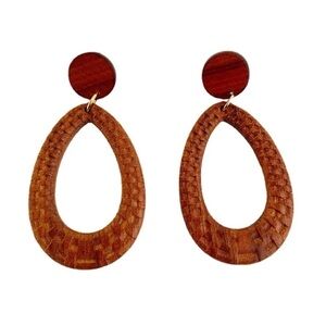 Teardrop Wooden Woven Earrings Dangle Hoops Boho Coastal Cowgirl Brown Neutral